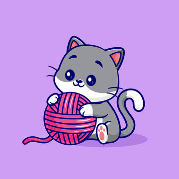 Cute Cat Playing Yarn Ball Cartoon