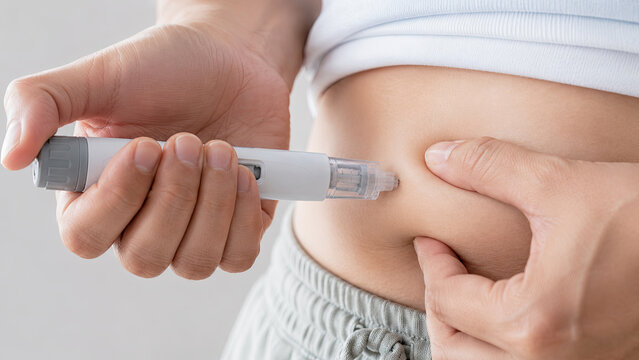 GLP-1, weight loss, injection. Close-up of a person hand administering a self-injection with a fine-needle pen device into the abdomen area. Correct self-injection technique.