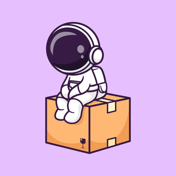 Cute Astronaut Sitting On Cardboard Box Cartoon