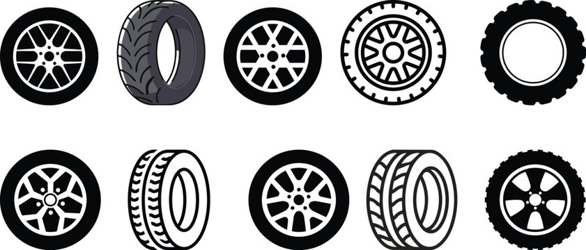 Wheel tires icon in flat line set. Black rubber wheel tire disks auto service vector for apps or website vehicle or automobile tire alloy wheel with rim isolated on transparent background
