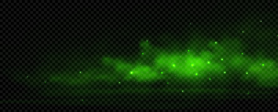 Magic green smell with cloud smoke sparkle and particle powder poison. Gas fog effect for halloween light background and shine glitter nebula. Bad stink paint with neon haze and trash glow portal
