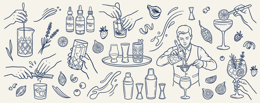 Hand Drawn Bartender Mixology Process Doodle Set with Cocktail Making Steps and Bar Tools