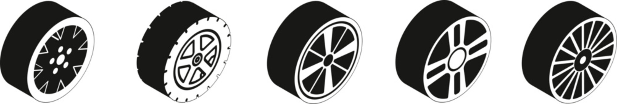 Wheel tires icon in flat line set. Black rubber wheel tire disks auto service vector for apps or website vehicle or automobile tire alloy wheel with rim isolated on transparent background