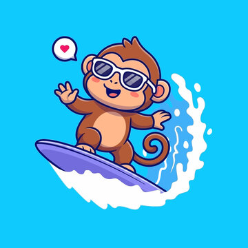 Monkey Wearing Sunglasses Surfing Happy.