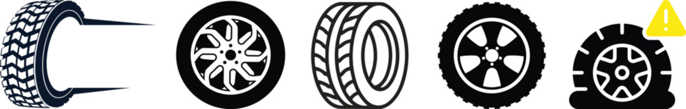 Wheel tires icon in flat line set. Black rubber wheel tire disks auto service vector for apps or website vehicle or automobile tire alloy wheel with rim isolated on transparent background