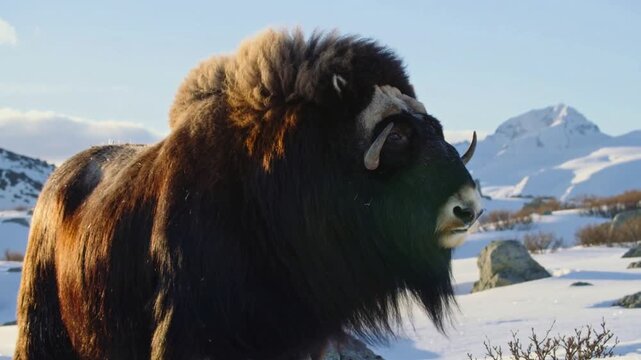 Musk ox standing in a cold snowy arctic environment
