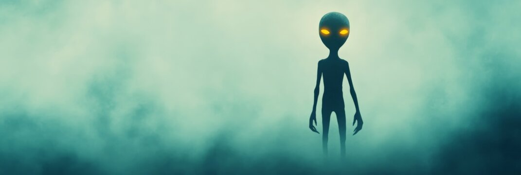 Mysterious extraterrestrial being with glowing eyes emerging from a dense, otherworldly fog on an alien planet, creating a chilling and suspenseful scene of unknown encounter