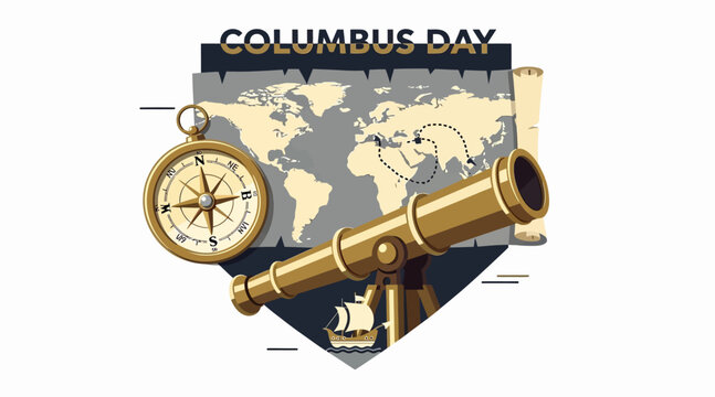 Columbus Day Map, Compass, Telescope, Explorer Ship Illustration