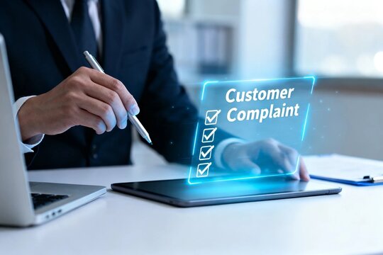 Businessman Addressing Customer Complaints on Hologram