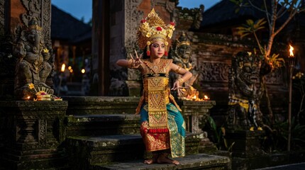 Fototapeta premium Balinese child dancer performs traditional ritual at ancient temple at night.