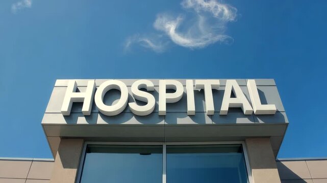 Hospital building sign filmed from extreme low angle against blue sky, modern healthcare facility facade with bold lettering representing medical infrastructure, treatment access and public healthcare