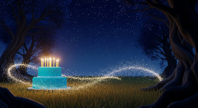A two-tier blue cake with lit candles sits in a grassy field under a starry night sky, surrounded by dark trees and sparkling light trails, evoking a magical celebration.
