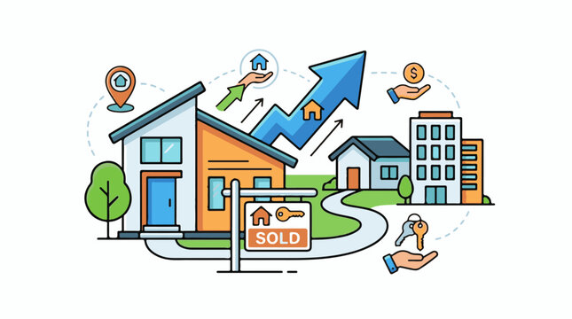 Real estate concept with houses growth arrow keys and money