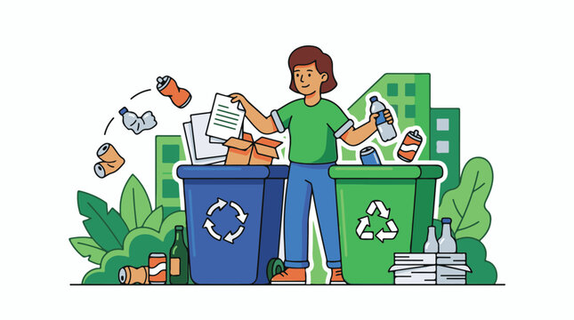 Person sorts recyclables into bins surrounded by greenery and city buildings