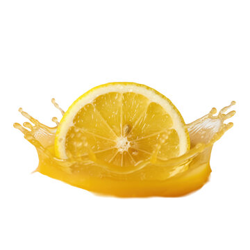 Dew-covered lemon slice falling into a viscous orange juice splash with frozen droplets on a white background, concept of refreshing natural vitality
