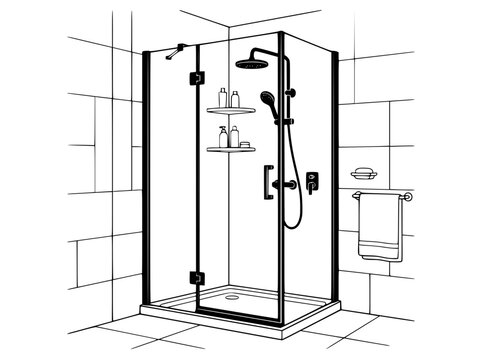 Modern corner shower enclosure with glass doors and fixtures line art illustration