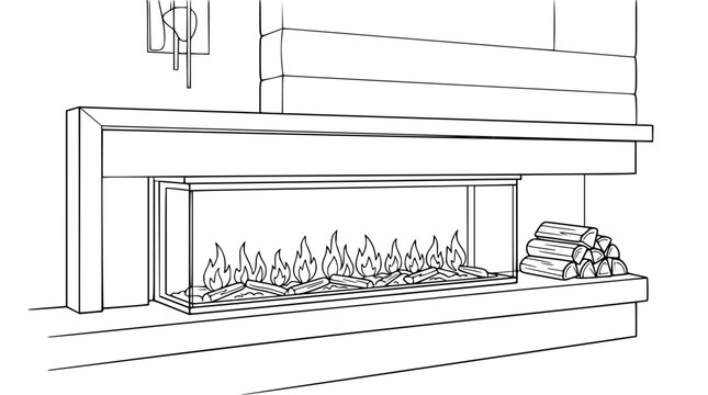 Modern linear gas fireplace line drawing with mantel and decorative logs