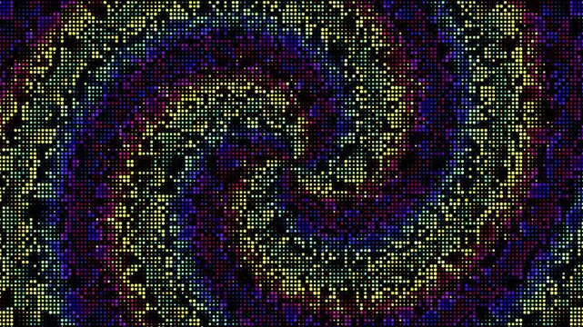 Psychedelic pixel art spiral background, retro 8-bit digital glitch texture, hypnotic colorful mosaic pattern for gaming and music videos