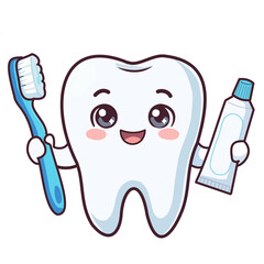 Cute tooth character holding toothbrush and toothpaste vector illustration. Happy smiling cartoon tooth for pediatric dental care and oral hygiene concept. © Creative