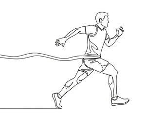 Obraz premium Single line art of athlete crossing finish line, victory, sports competition, race winner