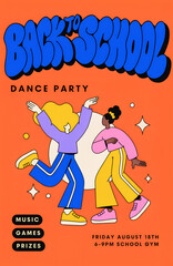 Obraz premium Colorful Back to School Dance Party Flyer with Kids Dancing and Music Illustration