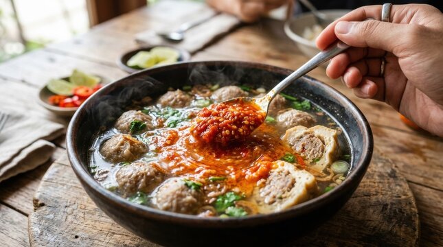 Spicy Indonesian Bakso Soup with Chili Paste