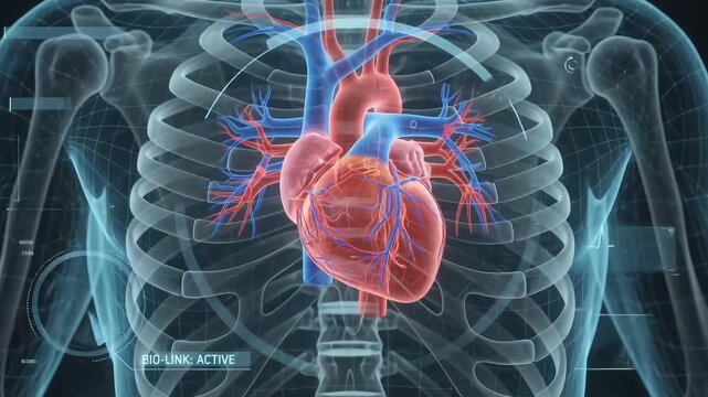 Futuristic digital interface scanning human anatomy and heart