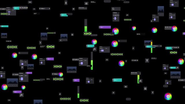 Futuristic digital interface elements on black background, abstract HUD data visualization graphics, sci-fi technology UI motion design