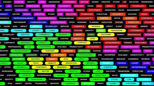 Colorful business word cloud animation, neon corporate buzzwords background loop, dynamic marketing and technology terms concept video
