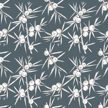 White pencil juniper branches and berries seamless pattern on dark gray background for textiles, wallpaper, gift packaging, stationery, notebooks, phone cases and seasonal merchandise.
