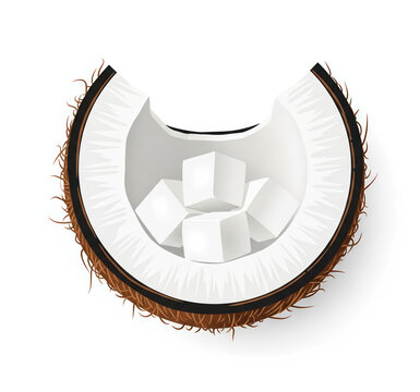 Half coconut shell filled with sugar cubes, tropical ingredient, sweetness source