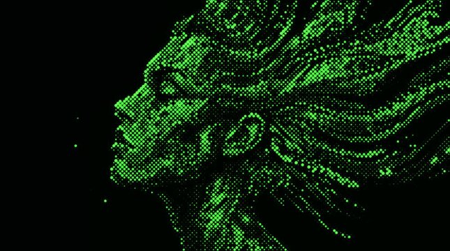 Green digital matrix woman profile, cyber artificial intelligence face, futuristic virtual reality avatar on black background