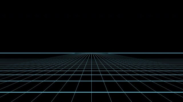 Blue retro perspective grid floor moving forward, transparent background seamless loop