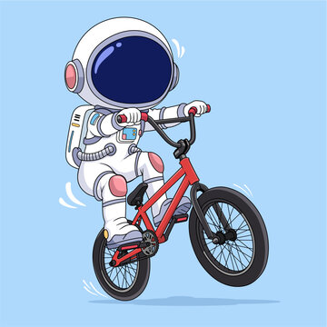 Astronaut Riding a BMX Bike and Doing a Wheelie Trick Cartoon Illustration