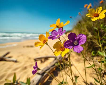 Bouquet de fleurs sauvages violettes et jaunes au premier plan avec plage estivale en bokeh, composition florale &eacute;l&eacute;gante et atmosph&egrave;re lumineuse de vacances