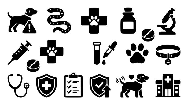 Dog Parasite and Veterinary Solid Glyph Icons for Pet Healthcare Vector Design
