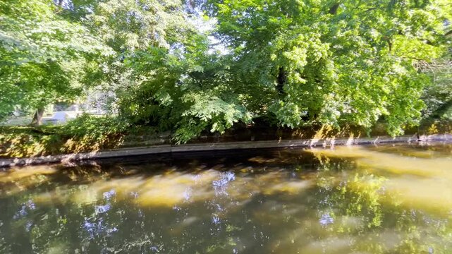 Flowing water in M&uuml;hlbach stream in Offenburg, Germany. Continuous water movement with surrounding vegetation in daylight.