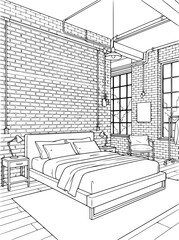Industrial Loft Bedroom Interior with Brick Wall Line Art Illustration © Sekodole