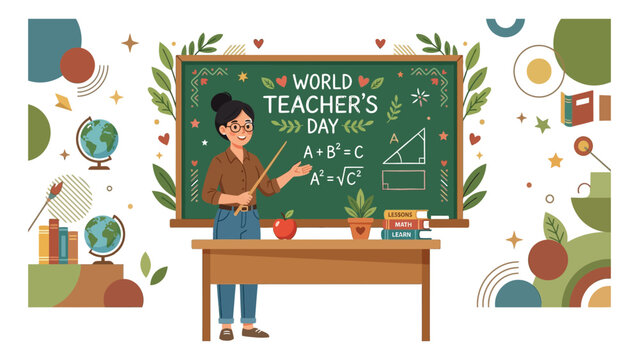 Teacher stands before a green chalkboard decorated with educational math symbols and globes.