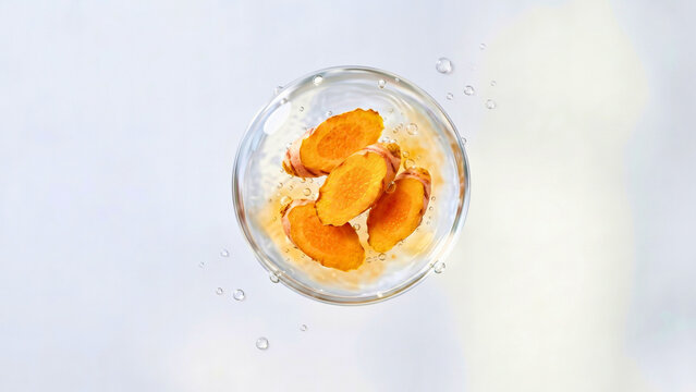 Top view illustration of dried turmeric slices in a clear glass bowl. Isolated PNG for herbal medicine, spices, and wellness projects.