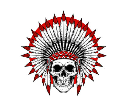 Skull wearing elaborate Native American chief headdress with red accents
