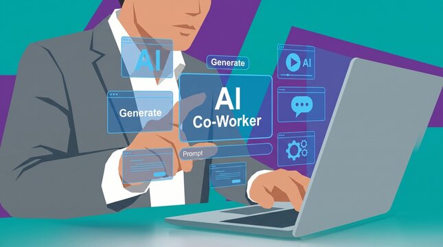 Person touching virtual AI co-worker interface with prompt and generate icons. Concept of artificial intelligence assistant, automation workflow, digital transformation, future workplace technology.&nbsp;
