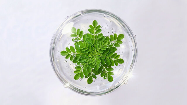 Top view illustration of fresh moringa leaves in a clear glass bowl. Isolated PNG for herbal medicine, nutrition, and organic concepts.
