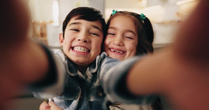 Selfie, face and happy children with hug in home for picture, capture moment or memory together. Portrait, kids or siblings with smile, care or embrace for photography, social media post or childhood