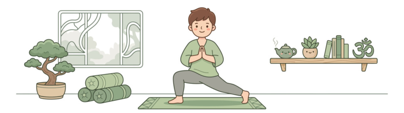 Man practicing yoga in a serene room with bonsai tree and meditation props