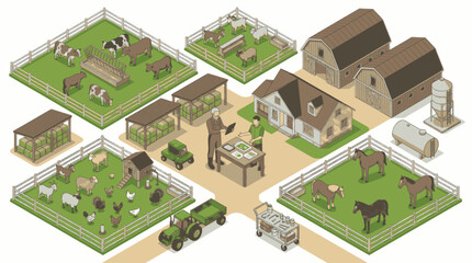 Aerial view of diverse farmland plots with various agricultural activities and machinery. © adobe