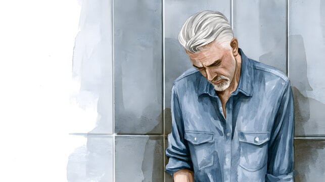 A moment of quiet vulnerability a mature man reflects in cool modern bathroom light stock photo