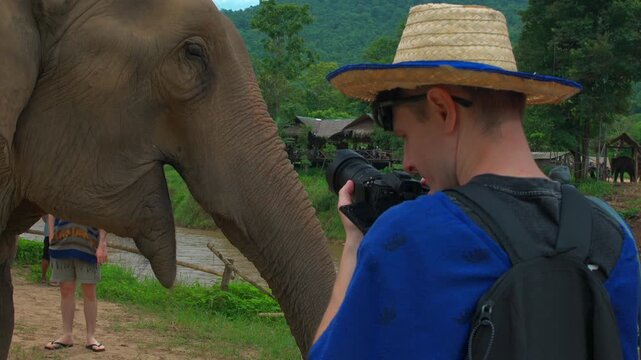 Travel photographer capturing elephant portrait in tropical wildlife sanctuary with professional camera, Man tourist documenting ethical elephant safari and rainforest conservation in Thailand 4k