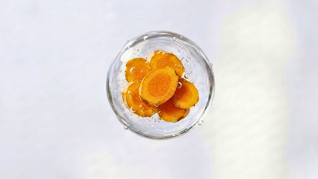 Top view illustration of turmeric root slices in a glass bowl. Isolated PNG for organic spices, herbal remedies, and healthy cooking.