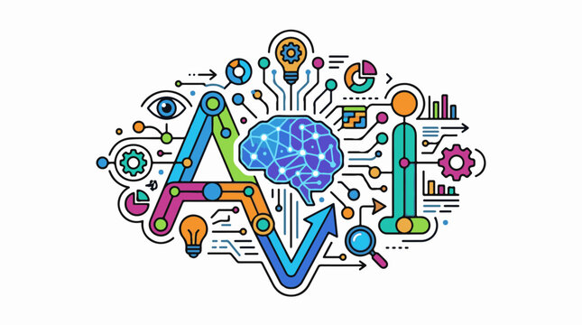 Colorful abstract illustration representing AI with brain gears and data visuals